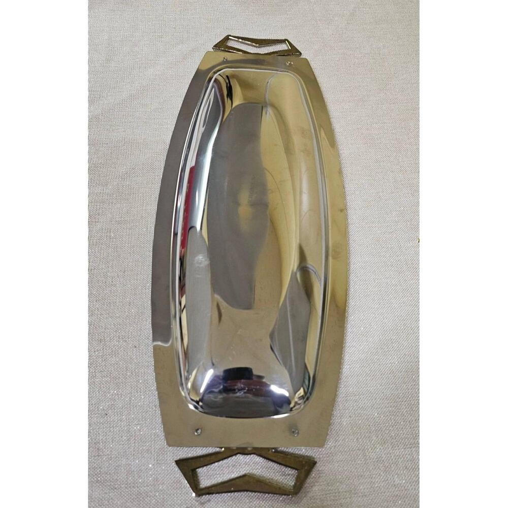 Vtg KROMEX Oblong Art‎ Deco Serving Tray Silver Gold Geometric Handles 1950s - Picture 4 of 10